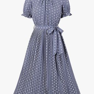 Blue Retro Polka Dot Tea-Length Dress with Pleated Skirt and Ruffles